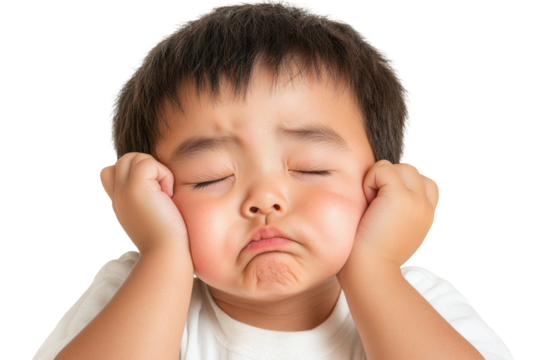 A Close-Up Portrait of a Young Child Expressing Disappointment and Frustration with a Sad Facial Expression and Pleading Hands on Their Face on transparent background