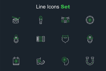 Set line Horseshoe, Head with clover trefoil leaf, Leprechaun boot, Saint Patricks day calendar, Mustache and beard, Accordion and icon. Vector