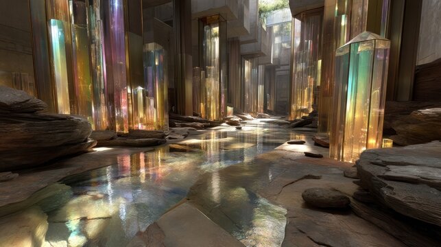 A stylized, interior architectural scene showcasing a crystalline pathway lined with vibrant, translucent pillars and reflecting pools of water.