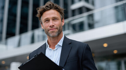 A confident businessman holding a clipboard stands in front of a modern office building, showcasing professionalism and a forward-thinking attitude in a corporate environment.