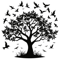 Bird Flock Tree Silhouette Vector