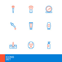Set line Bottle of shampoo, Facial cosmetic mask, Human hair follicle, Pipette with oil, Cream or lotion tube, Makeup powder mirror and brush icon. Vector