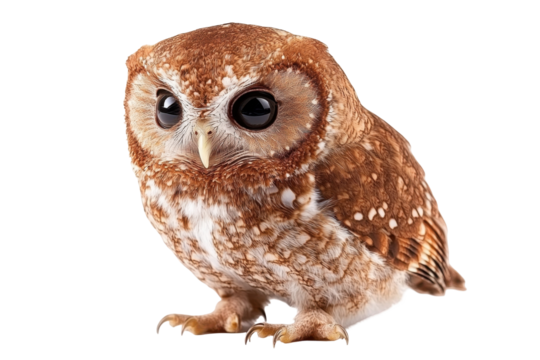 An Exquisite Portrait of a Charming Owl, Showcasing its Unique Feathers and Expressive Eyes Against a Simplistic Black Background for a Striking Visual Appeal on transparent background