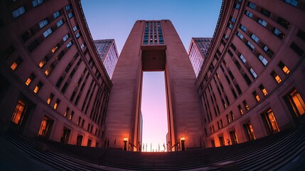 A grand, modern architectural entrance with a large, open space and a striking, vertical structure, set against a vibrant, colorful sky.
