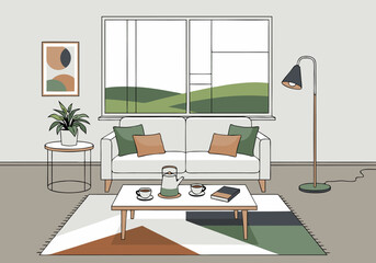 Cozy and elegant living room interior with modern furniture and a scenic view from the window