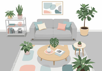 Elegant living room interior design with plants and modern furniture
