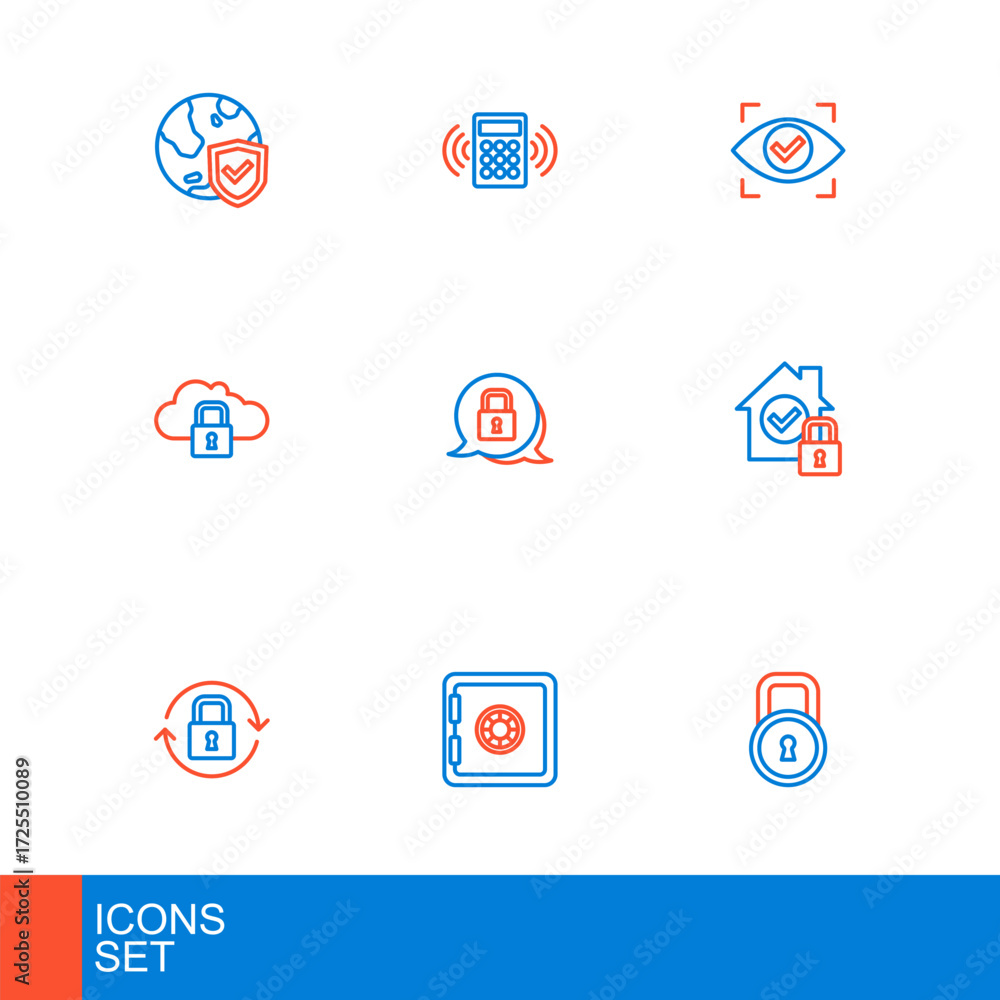 Poster set line lock, safe, house under protection, cloud computing lock, eye scan and security keypad acce