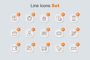 Set line Stacks paper money cash, Telephone 24 hours support, Free delivery service, Return cardboard box, Wallet, Dollar symbol, Discount percent tag and Barcode icon. Vector