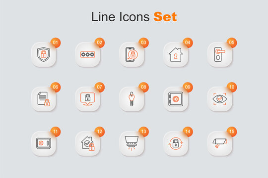 Set line Security camera, Lock, Fire sprinkler system, House under protection, Safe, Eye scan, and Key icon. Vector
