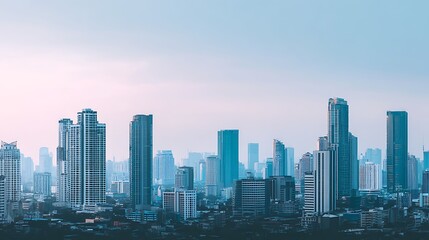 Obraz premium A vibrant cityscape at dusk, showcasing modern skyscrapers and urban architecture.