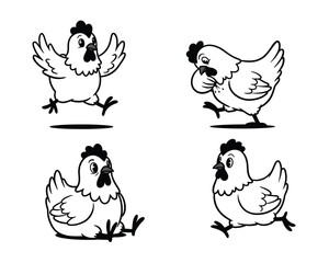 Four charming hand drawn cartoon chickens in different playful poses and expressions on a white background