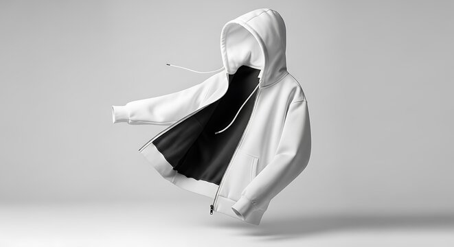 A cozy white, knit, cropped sweater with ribbed sleeves, wide cuffs, and a subtle neckline detail floats mid-air against a smooth, bright gray background for modern fashion e-commerce.