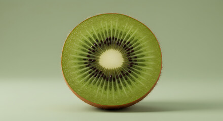 A close-up, studio shot of a perfectly sliced kiwi fruit, revealing its vibrant green flesh and intricate black seeds arranged in a radial pattern.