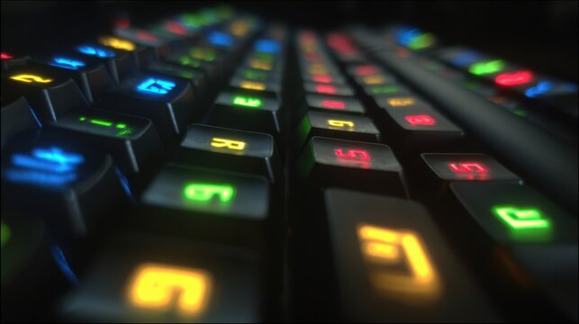 Illuminated custom mechanical keyboard captured in medium shot vivid RGB lighting glowing on keys with a shallow depth of field emphasizing unique backlit patterns.