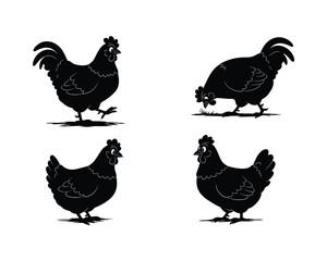 Four distinct black silhouette illustrations of chickens and roosters in various poses on a white background