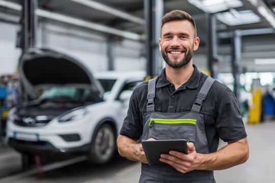 Smiling auto mechanic holding digital tablet in repair shop. Confident car technician in modern garage