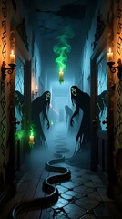 Surreal haunted hallway with living shadows, glowing runes, gothic spooky Halloween wallpaper in 4K