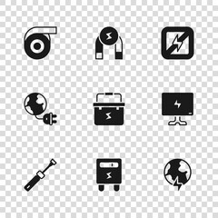 Set Electric meter, Smart Tv, Global planet with thunderbolt, Toolbox electrician, No lightning, Roll adhesive tape, Magnet and energy plug icon. Vector