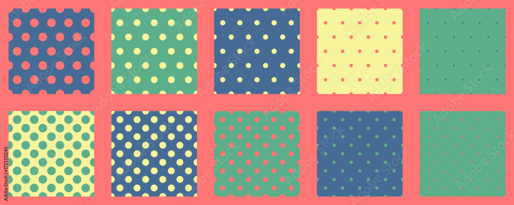 Poster set polka dots seamless vector pattern. simple background for web or print. abstract surface.
