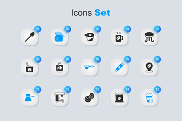 Set Bag of coffee beans, Espresso tonic, Coffee pot, turk, Iced, Location with, Teaspoon and filter holder icon. Vector