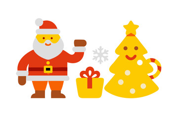 Cute Santa Claus with Christmas Tree Gift and Snowflake on White Background present