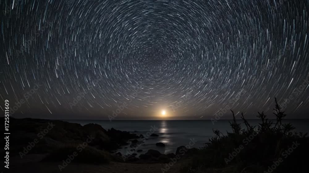 Canvas Prints astrophotography timelapse showing the stunning rotation of stars and moon over a desolate, dark sho