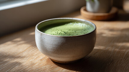 Serene matcha concept captured in simple bowl showcasing vibrant green hue and smooth texture of beverage