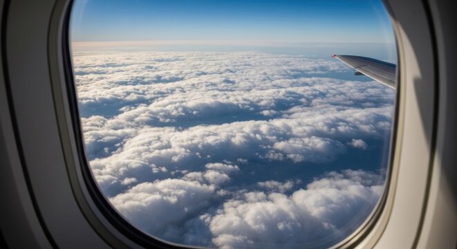 High-altitude view of clouds from an airplane window.  Vast expanse of puffy clouds seen through a window, with a portion of a plane wing visible.  Bright sky above the clouds