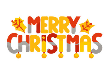 Merry Christmas text with festive decorations in red yellow and gray greeting holiday