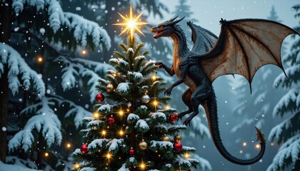Majestic dragon perched on snowy christmas tree amidst enchanted winter forest