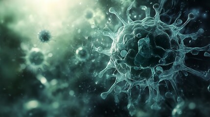 Immune cell engages in battle against virus in detailed microscopic view