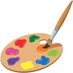 Paint palette with brush and colorful paint isolated on white background