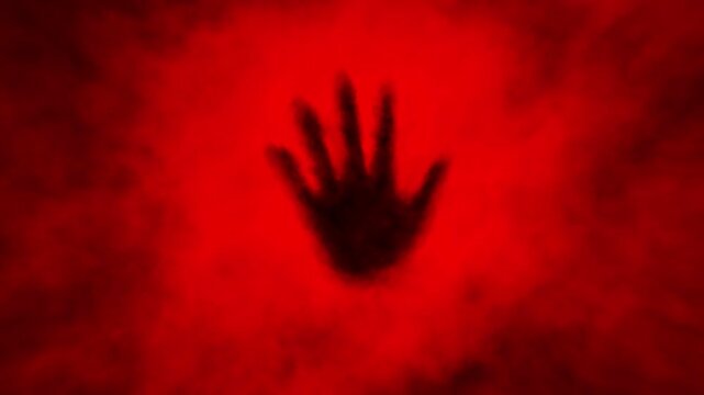 Journey to bardo. Man crosses border. On other side reality. Blazing spirit world. Animation in horror fantasy genre. Burning abyss. Faith and religion. Mystical video clip. Red and black background.