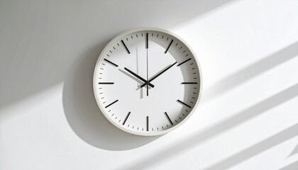 A minimalist white analog clock mounted on a white wall, casting shadows from light filtering through blinds