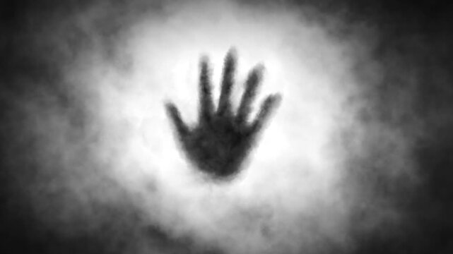 Sorcerer put his hand on wall and passed into world of spirits. Man crosses border. On other side reality. Blazing spirit world. Animation in horror fantasy genre. Burning abyss. Magic and esoteric.