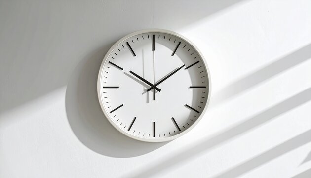 A minimalist white analog clock mounted on a white wall, casting shadows from light filtering through blinds