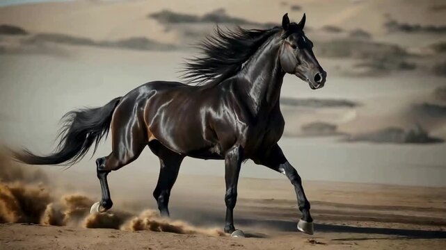 Magnificent black horse powerfully galloping across sandy terrain, showcasing its untamed spirit and raw energy in a dynamic, action-packed sequence