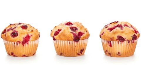 three cranberry muffins on white; baked goods