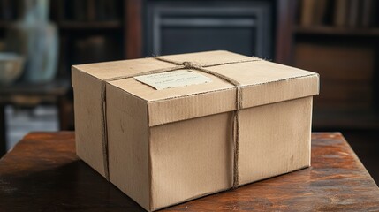 Vintage cardboard box with handwritten labels sitting on a wooden table in a cozy room