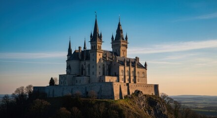 Fototapeta premium Majestic castle atop a hill at sunset