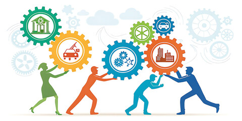 Teamwork collaboration metaphor with colorful gears representing various industries and sectors concept for business success