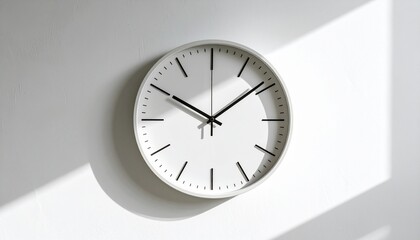 Clean and simple analog wall clock on a white background, with dramatic shadows from a window highlighting the passage of time