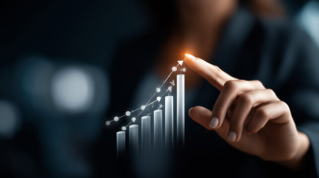 A professional interacts with a virtual interface of analytics and growth icons hyper realistic visuals with clear details moody shadows on a digital screen bright saturation