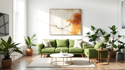 A modern living space with a green sofa, potted plants, and abstract wall art for a cozy vibe.