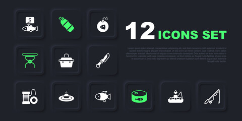 Set Fisherman in boat, Fishing rod, Case or box for fishing equipment, Canned, Camping folding chair, float water, Aqualung and icon. Vector