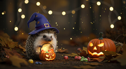 Hedgehog wearing a wizard hat with Halloween pumpkins and candy