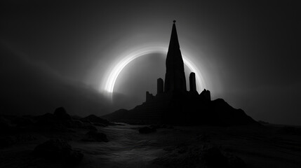 Obraz premium Eclipsed ringed planet rising over ruined temple silhouette on rocky ground with soft cosmic glow and moody shadows
