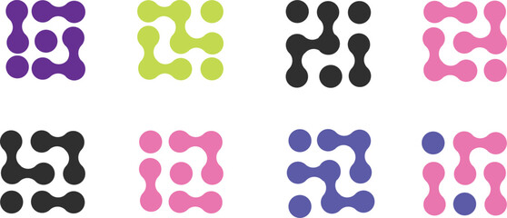 colorful dotted network pattern designs with connected circles for modern digital graphics isolated on white background.