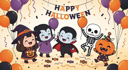 Cute Halloween characters group celebrating with candy and balloons, cartoon festive party