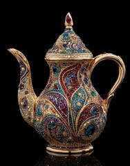 A lavishly decorated teapot, adorned with vibrant crystals and intricate paisley patterns, showcasing exquisite craftsmanship and artistry.